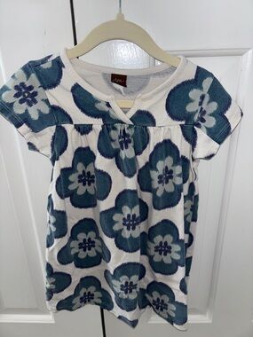 Tea Collection Floral Jersey Dress in Blue and Cream